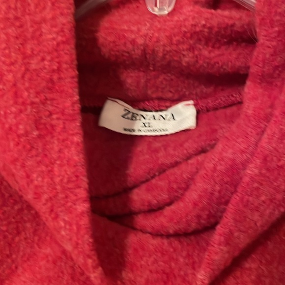 Soft red sweater with cowl neck. Lower in back with slit on sides. - Picture 2 of 5